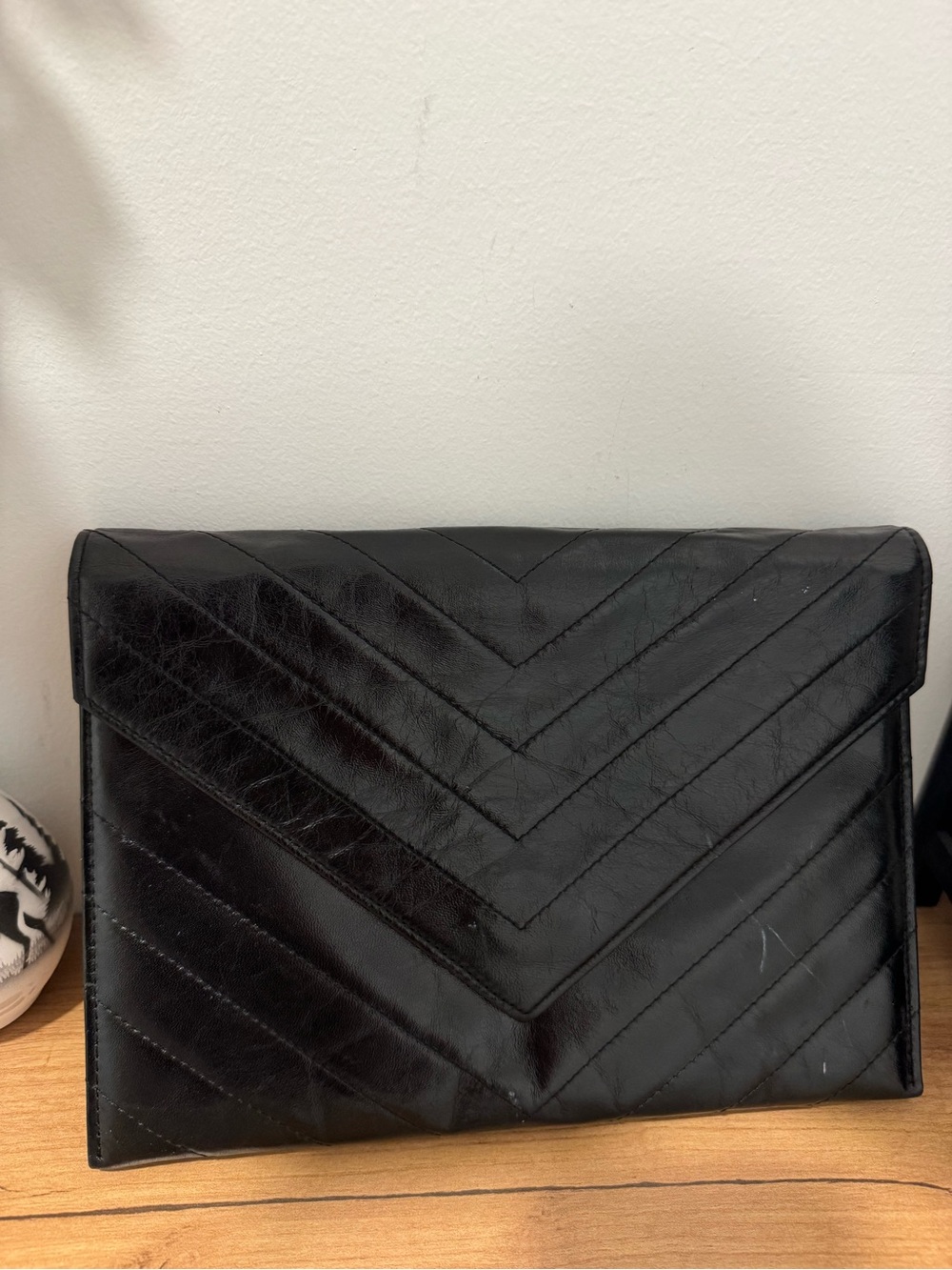 Yves Saint Laurent V-Stitch Leather Clutch - Black